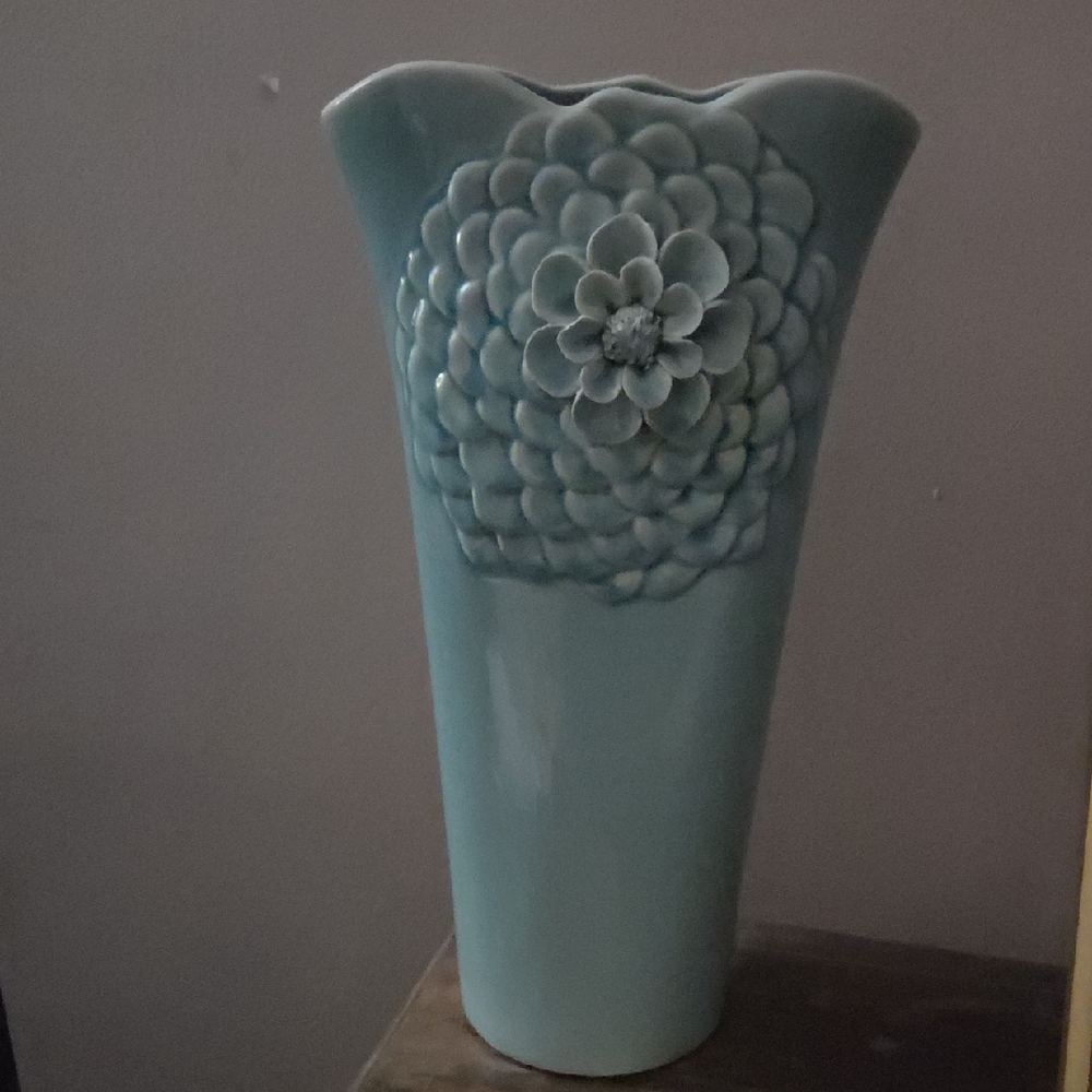 Pier 1 Teal Floral Embossed Vase